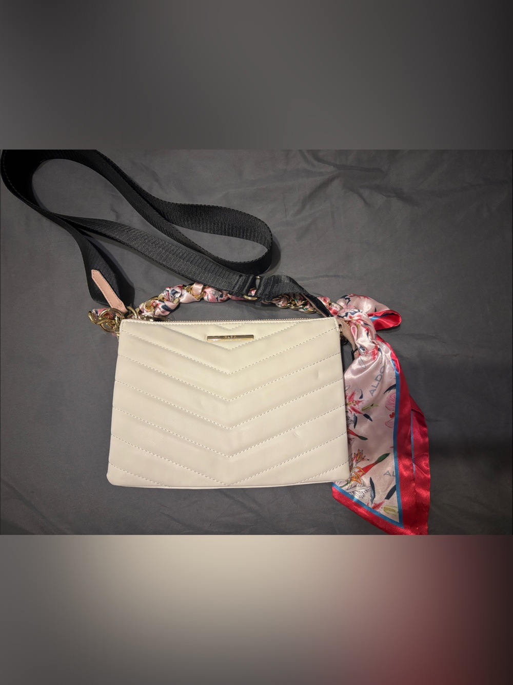 ALDO White Quilted Crossbody Bag with Floral Scarf Detail